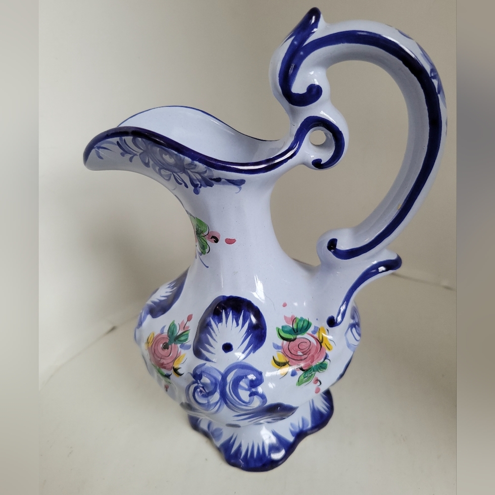 Vestal Hand Painted Ceramic Blue Floral Design Alcobaca Pitcher 8" Tall